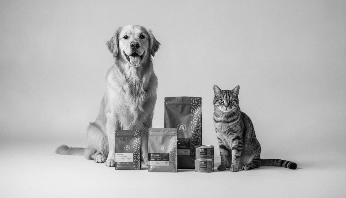 Happy dog and cat with premium pet food subscription products on cream background