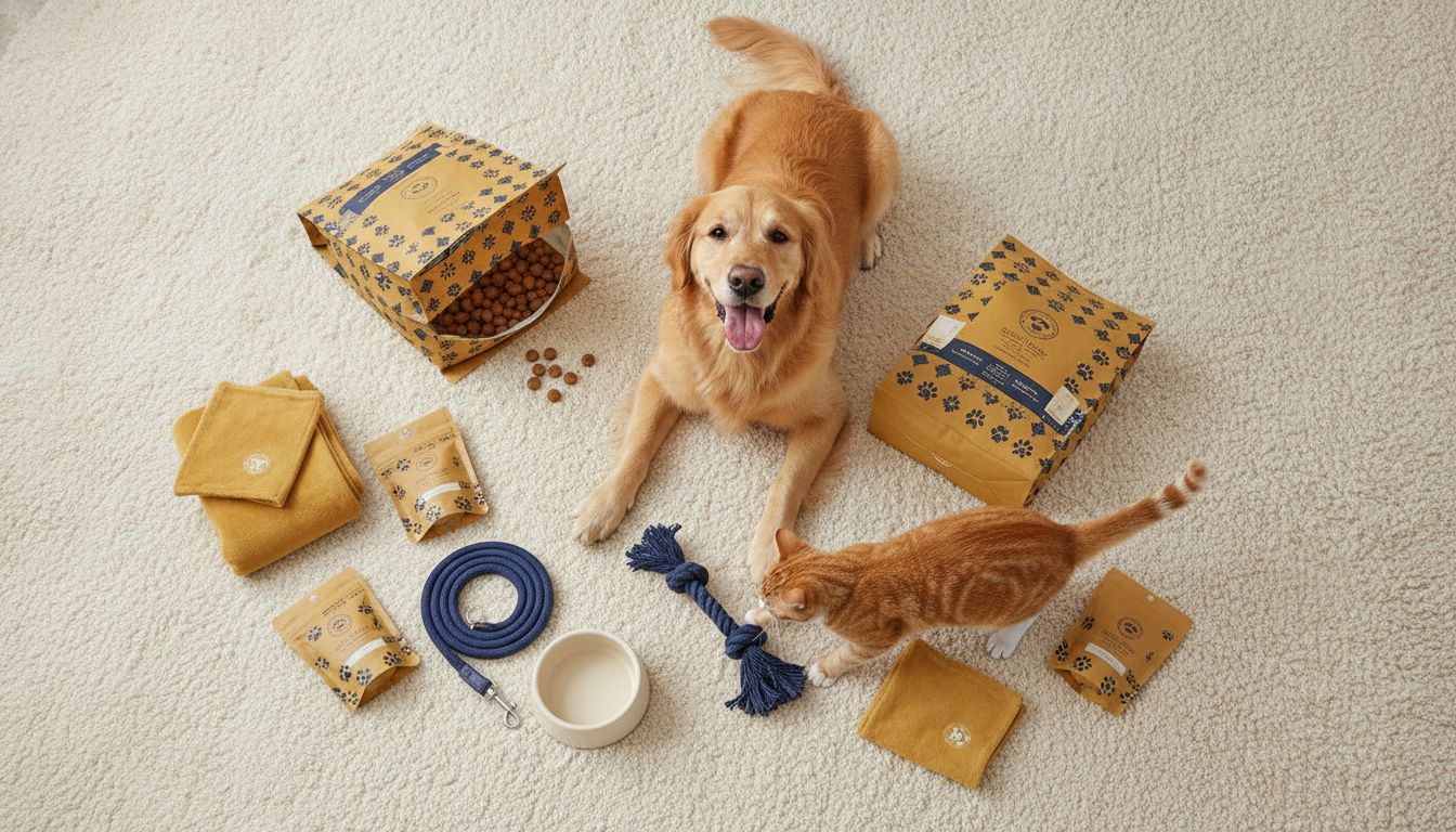 Happy pets with premium pet products on cream background
