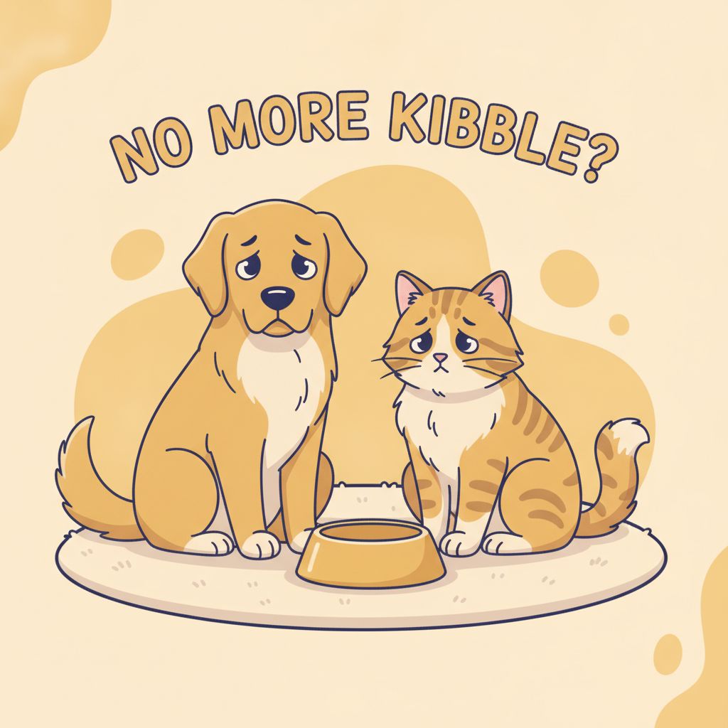 A dog and cat looking at an empty food bowl