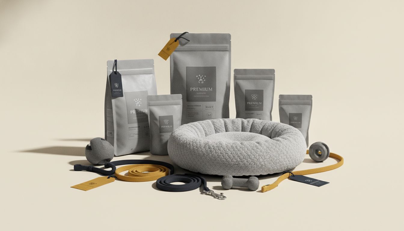 Premium pet food, treats, and accessories arranged on a warm cream background
