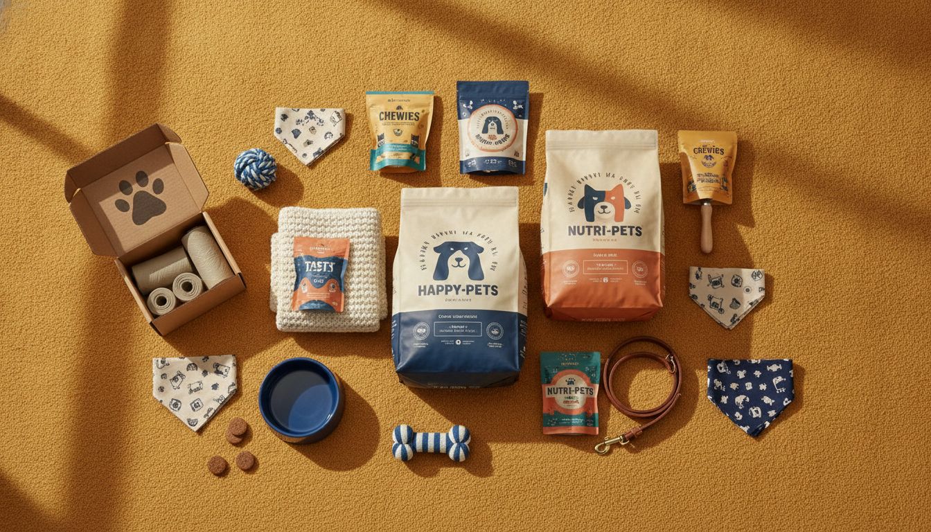 Premium pet supplies and delivery box arranged on a warm yellow background
